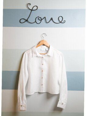 CYNTHIA ROWLEY White Linen Cropped Button Down Shirt Mother of Pearl Buttons